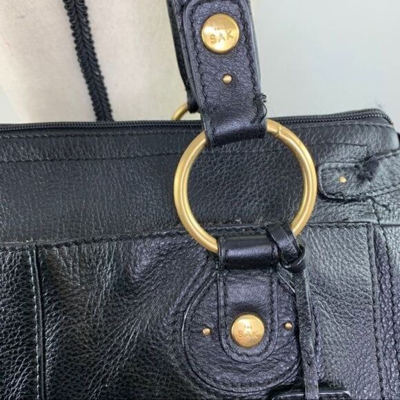 The Sak Pink Label Black Leather Satchel Shoulder Bag Brass Rings Double Strap - Picture 4 of 16